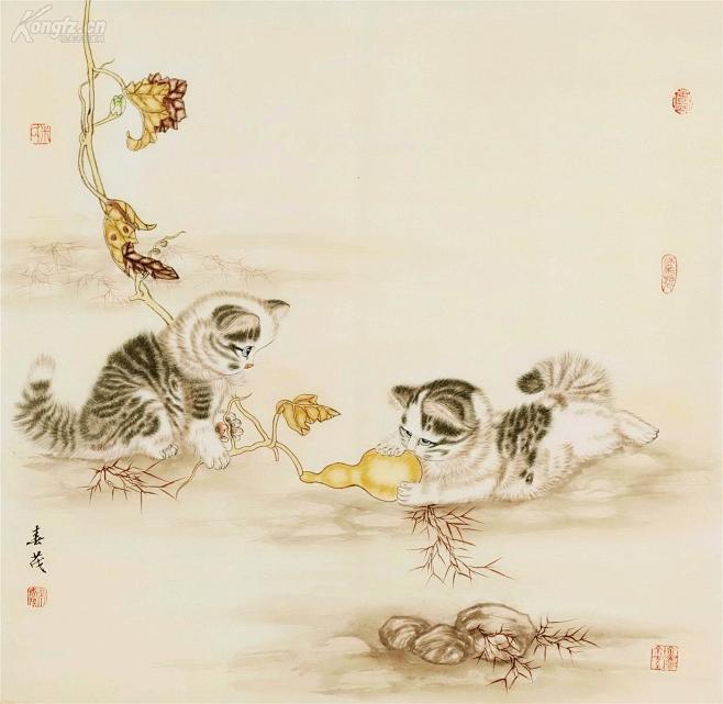 美协会员国家一级美术师山东省画院画师米春茂四尺斗方工笔画猫戏图