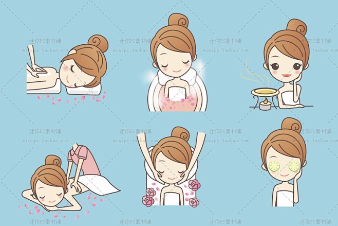 449号手绘卡通漫画女孩面美容瑜伽保养皮肤护理步骤祛痘矢量素材淘宝