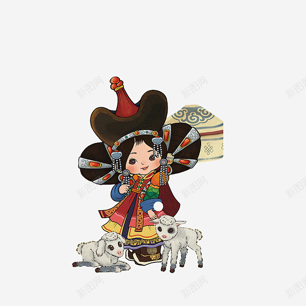 卡通蒙古女孩和小羔羊