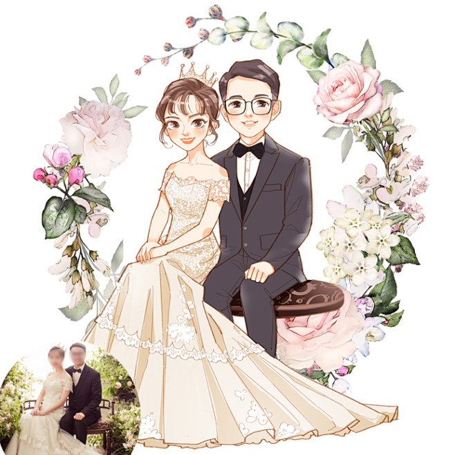 q版头像真人照片转手绘婚纱照情侣漫画卡通人物头像婚礼请帖定制淘宝