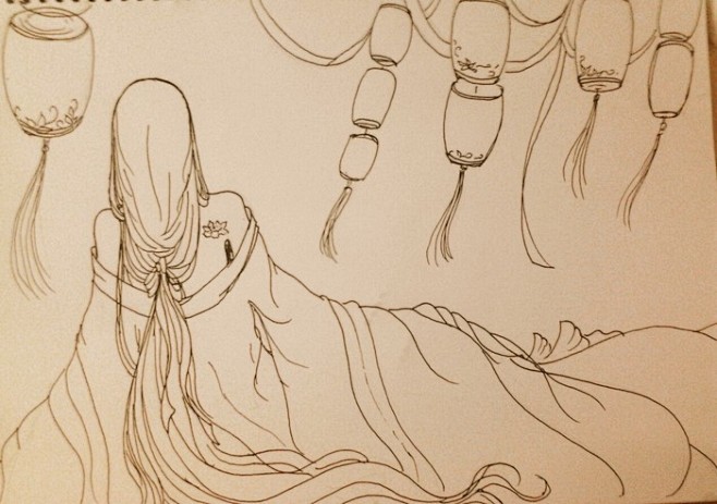 手绘古风美人背影意境线稿