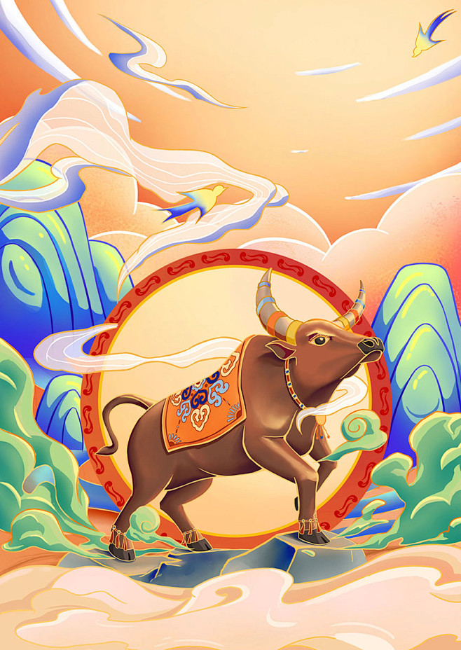 牛年插画牛气冲天