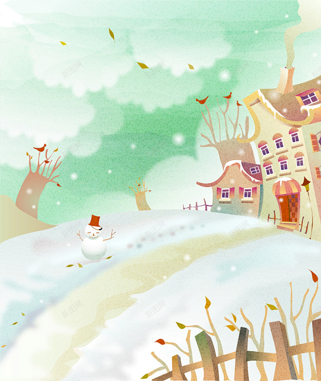 雪景冬季童话故事可爱儿童彩绘矢量23创意素材