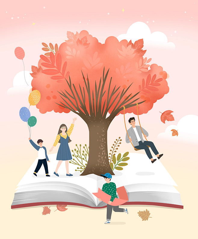 红色的树气球男孩书本荡秋千快乐阅读书籍阅读插图插画设计psdti195a1
