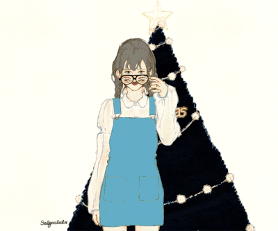 女孩眨眼呆萌手扶眼镜蓝色背带裙星星灯闪亮黑色树插画意境
