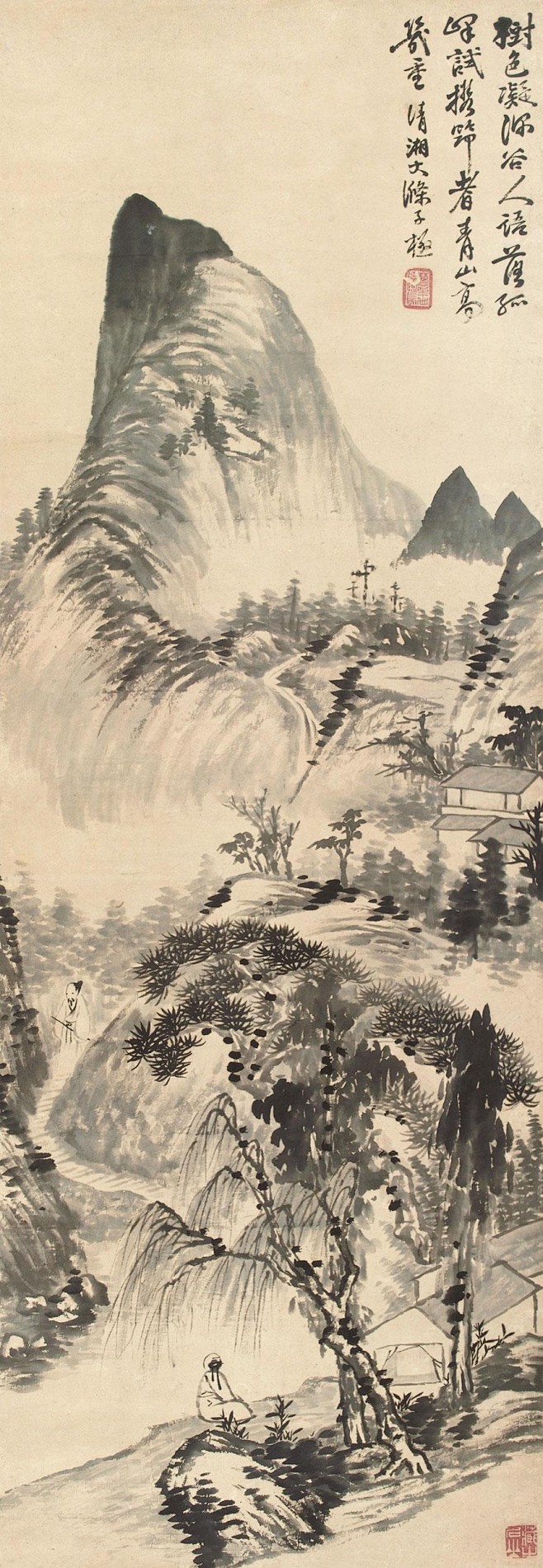 石涛——《青山图》【树色凝深谷,人语落孤.