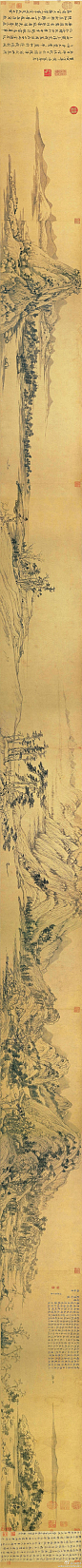 【中国传世名画之——《富春山居图》】图纵33厘米，横636.9厘米，纸本，水墨。始画于元至正七年(1347)，于至正十年完成。该画于清代顺治年间曾遭火焚，断为两段，前半卷被另行装裱，重新定名为《剩山图》，现藏浙江省博物馆。被誉为浙江博物馆“镇馆之宝”。另一段称为《无用师卷》，现藏台北故宫。