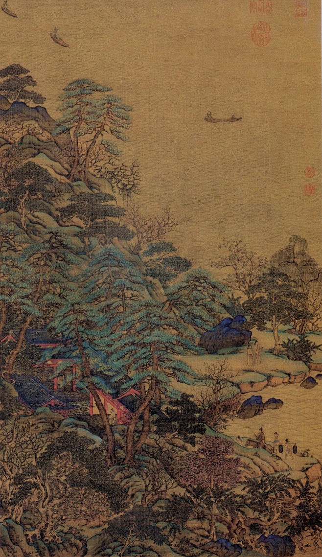 唐 李思训 《江帆楼阁图》,绢本设色,1.