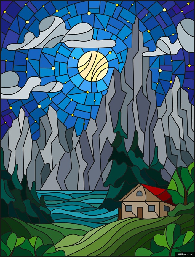 山水风景彩色玻璃效果插图风景插画风景建筑插画绘画