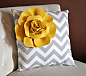 Ivory Corner Rose on Blue and Natural Zigzag Pillow 14 by bedbuggs