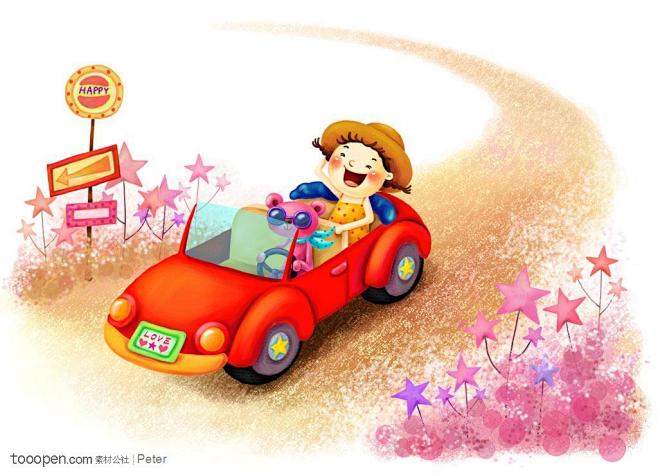 手绘儿童插画之开着红色汽车的玩偶和戴着帽子的女孩