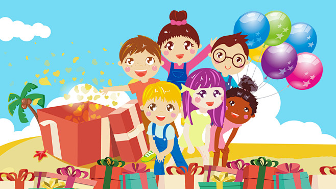 卡通六一儿童节欢乐收礼物插画