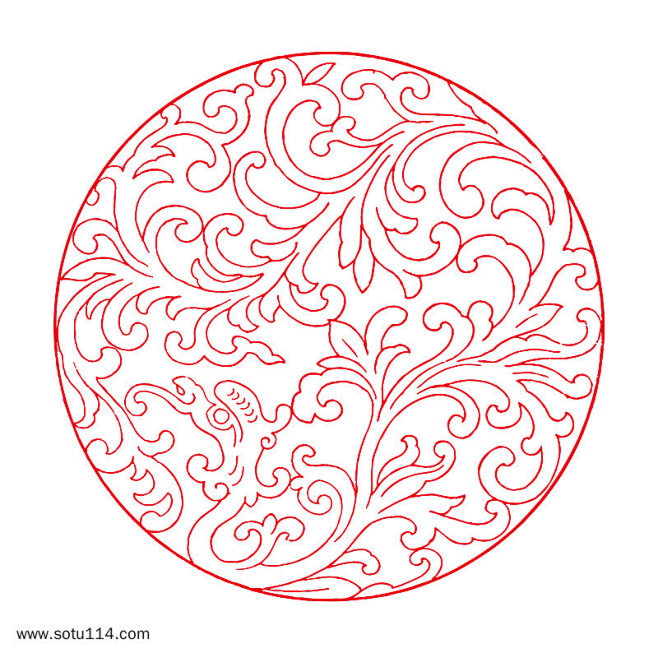 红色藤蔓花纹传统圆形图案