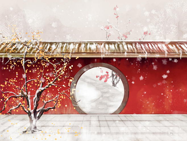 水墨 宫墙 红墙 古建筑 小雪 大雪 梅花 腊梅 风景 手绘 中国风 水彩