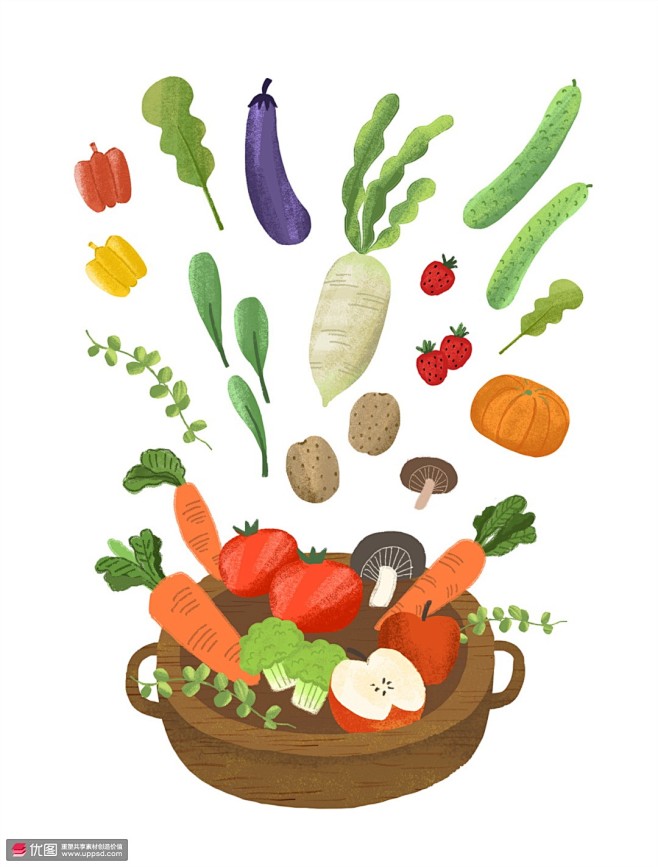 砂锅黄瓜茄子叶菜草莓新鲜蔬菜水果营养美食插画食品插画食材佐料