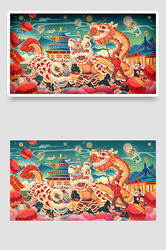 虎年春节新年2022过年国潮喜庆插画海报众图网