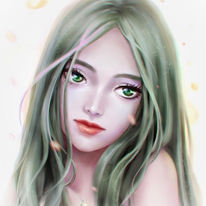绿发彩瞳女孩头像ps板绘厚涂