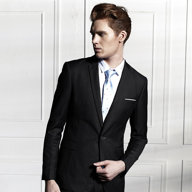男士英伦修身一粒扣西装男韩版黑色蓝色欧美西装潮男西服二件套