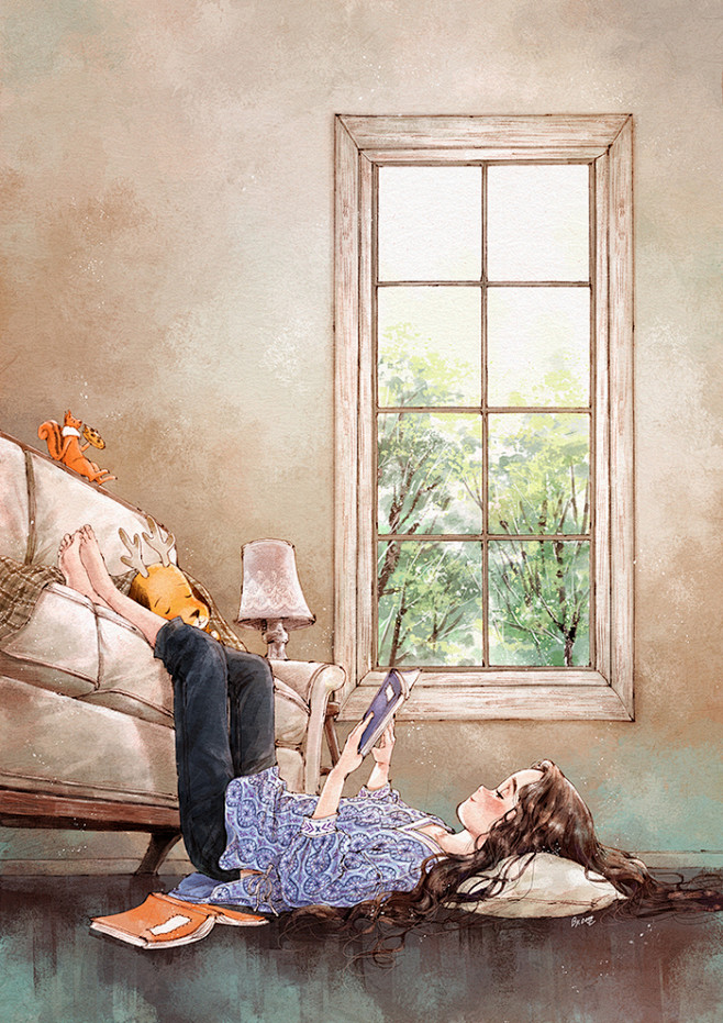 躺在沙发上补觉躺在地上阅读漫画属于我们的慵懒时光来自韩国插画家