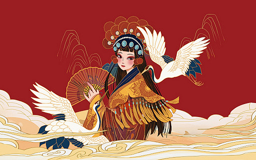 红色国潮京剧人物仙鹤祥云插画国潮人物