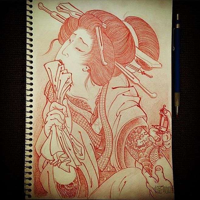 10:00:05日式手稿女人纹身图案传统绘画-浮世绘  和风绘画研究所同采