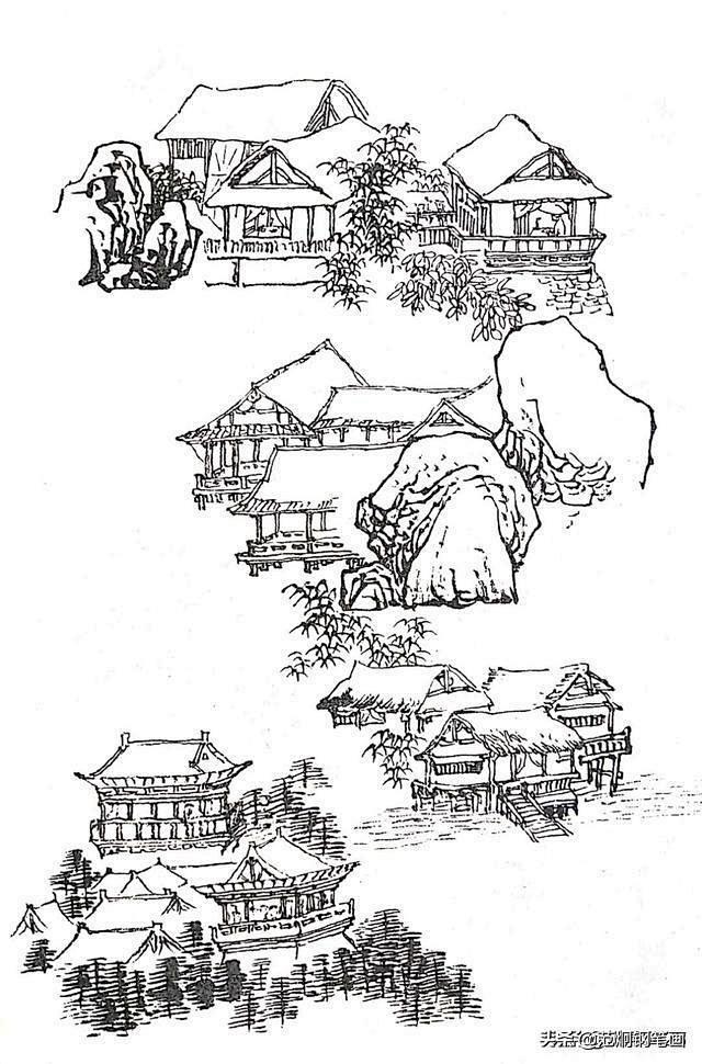 国画中房,山石,人物,树,水等不同物体的画法线稿,一一俱全