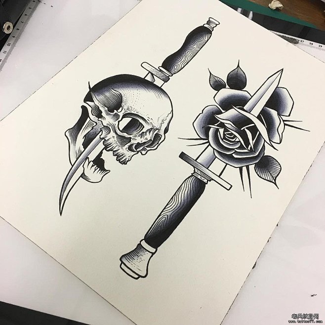 oldschool玫瑰骷髅匕首纹身图案手稿
