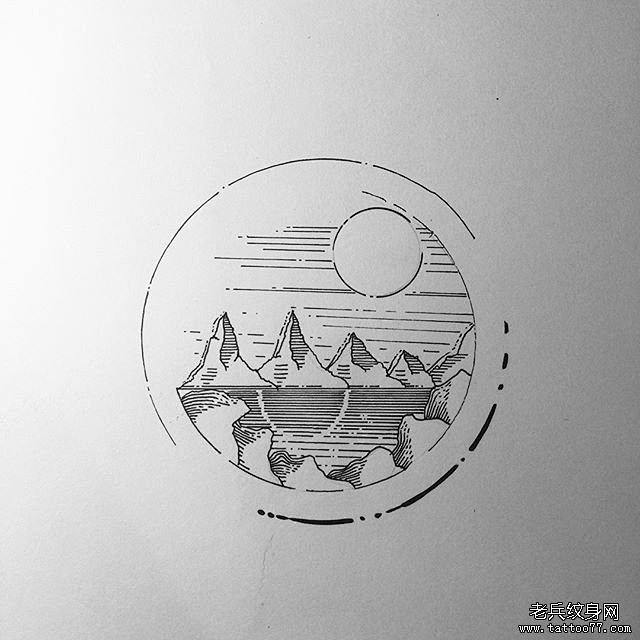 线条太阳山纹身手稿