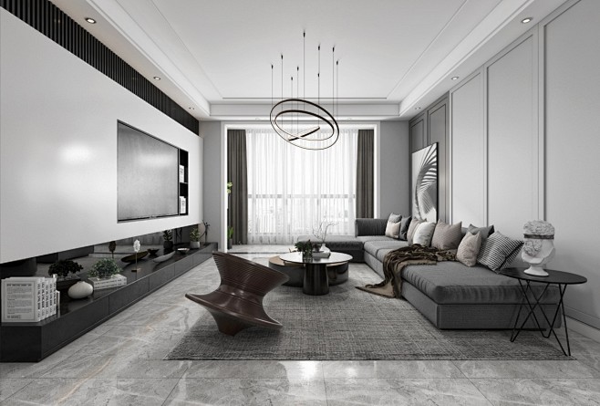 现代极简黑白灰简约客厅餐厅沙发餐桌电视柜吊灯装饰画室内设计拓者