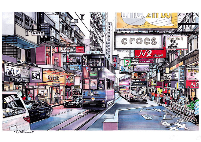 手绘街景马克笔水彩香港回归工业设计产品设计普象网
