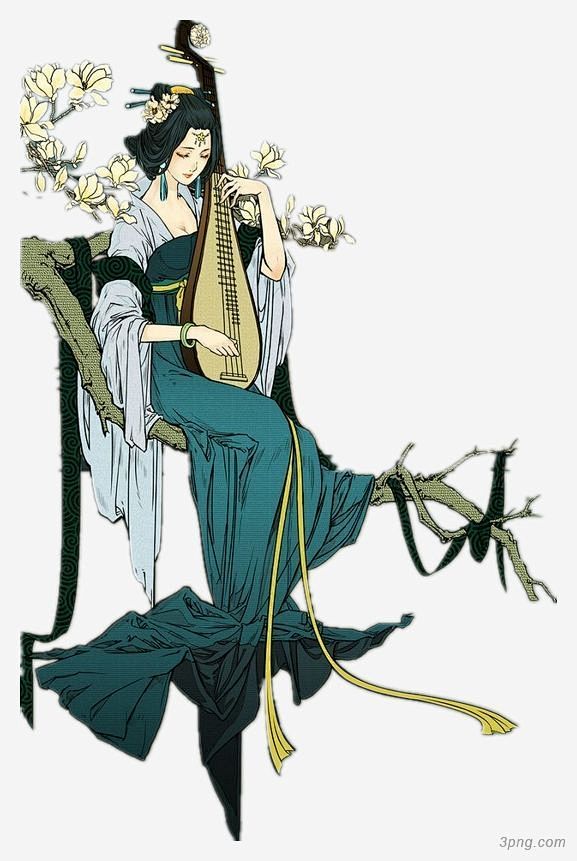 古风人物古风传统文化古典服饰典雅半倚枝头弹奏琵琶绿色手镯古风边框