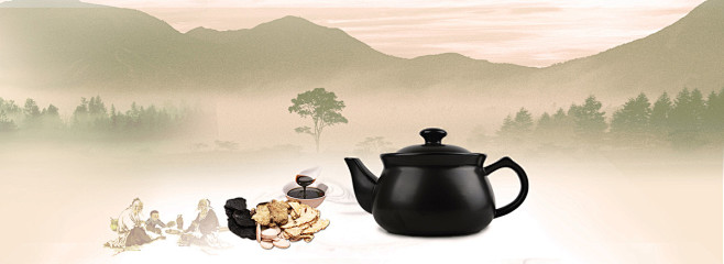 治疗,养生,壶,山水,古风,养生,水墨,灰色,海报,banner,渐变,药物,背景