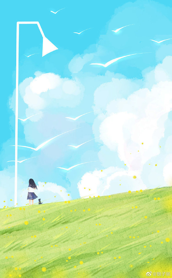 夏天蓝色的天空,青青的草地