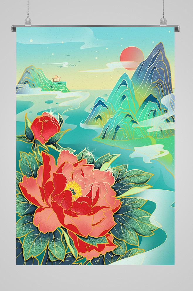 国花牡丹中国风插画