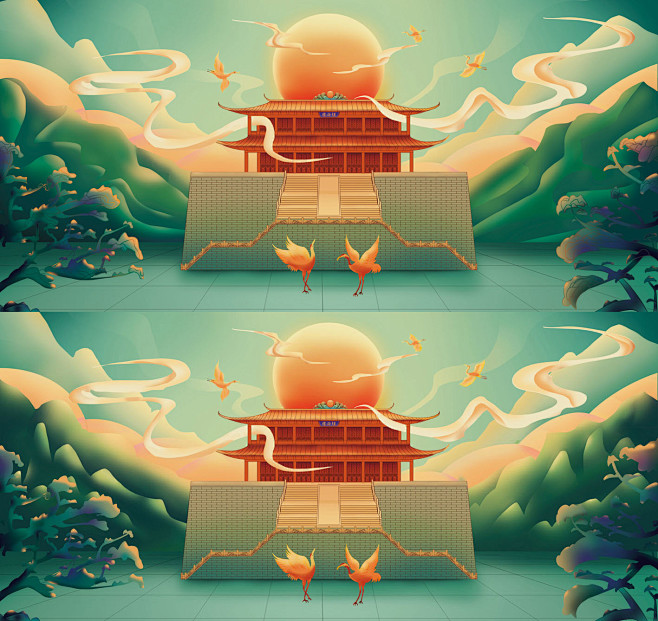 福州镇海楼第一次自己尝试画的国风插画