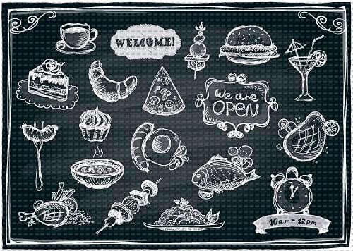 黑板粉笔画黑白简笔画西餐下午茶咖啡粗粮小麦面包披萨eps矢量149淘宝