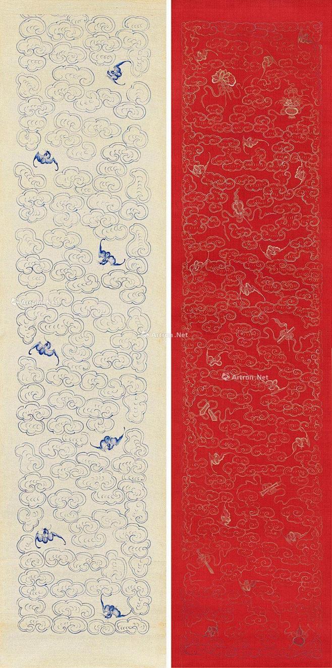 蓝描蝙蝠云头纹对联纸二枚红地描金暗八仙纹金笺轴拍卖品图片价格鉴赏