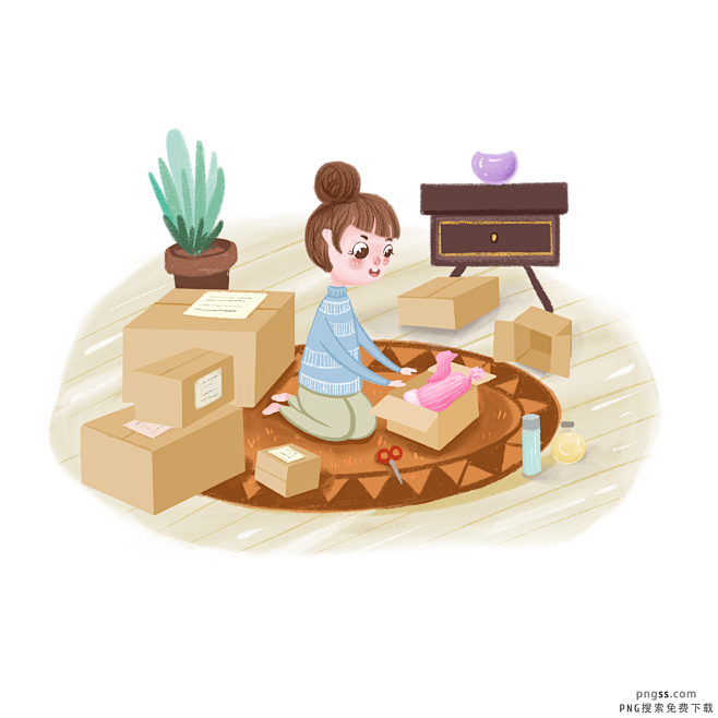 花,花瓶,剪刀,卡通人物,卡通少女,快递,快递箱子,绿植,木地板漫画www