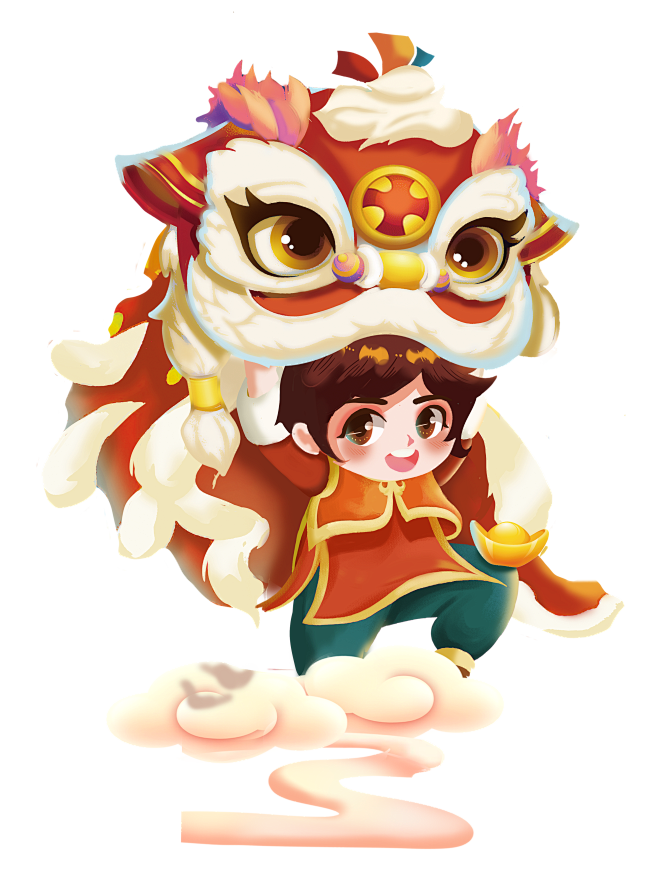 萌老虎虎年卡通手绘人孩子儿童舞狮狮子