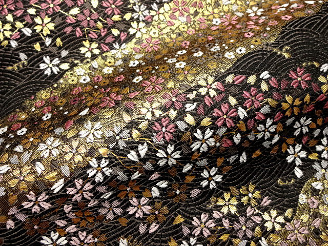 和风布 西阵织 金襕织物 织锦缎 波文に流水小桜(黒)-淘宝网图案jswx