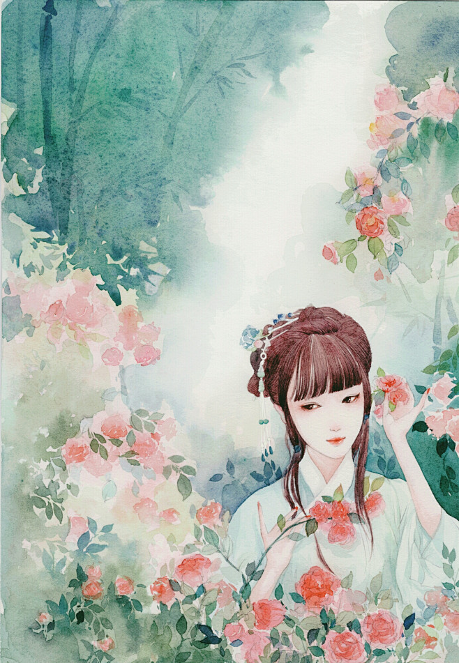 古风水彩美人野篆绘