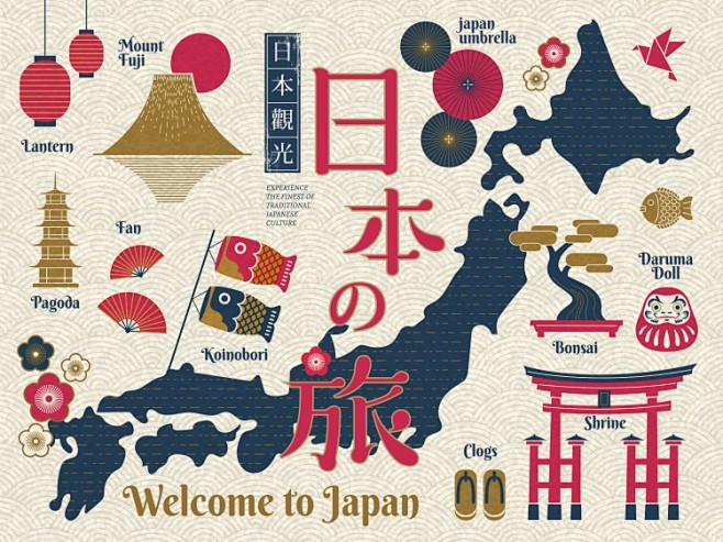 日本招财猫旅行文化旅游美食特色景点地图建筑海报ai矢量分层素材