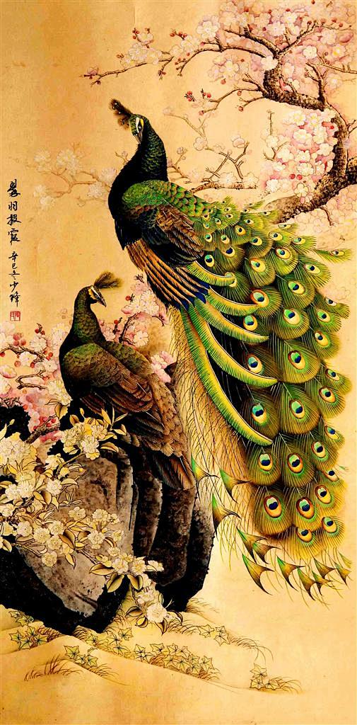 国画在树上休息的孔雀图片素材下载