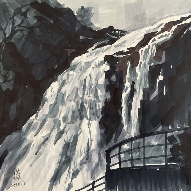 马克笔风景瀑布