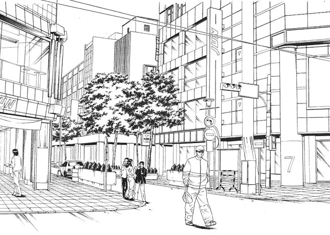 现代建筑场景线稿图片黑白cg二次元漫画背景参考城市街道背景线条