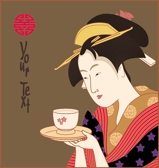 日式和风日本文化日式古代美女仿古韵味水墨水彩毛笔画烟熏山水纹路