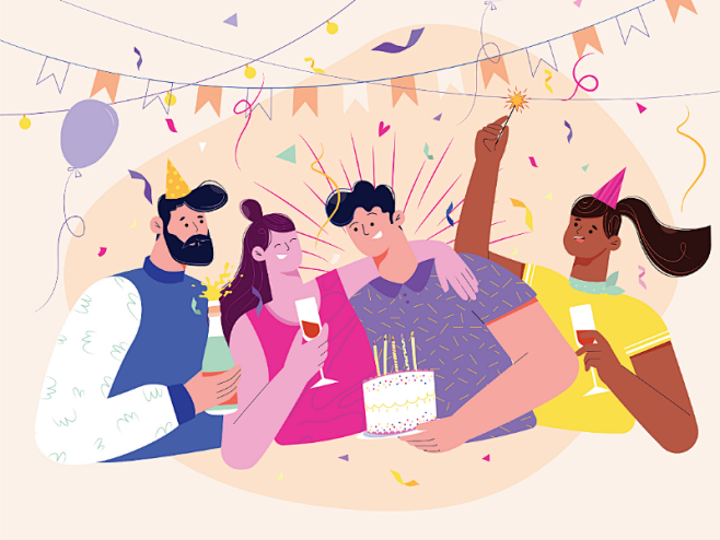 生日快乐聚会风格工作室卡通情节提要动画2d图男人男孩女孩聚会生日