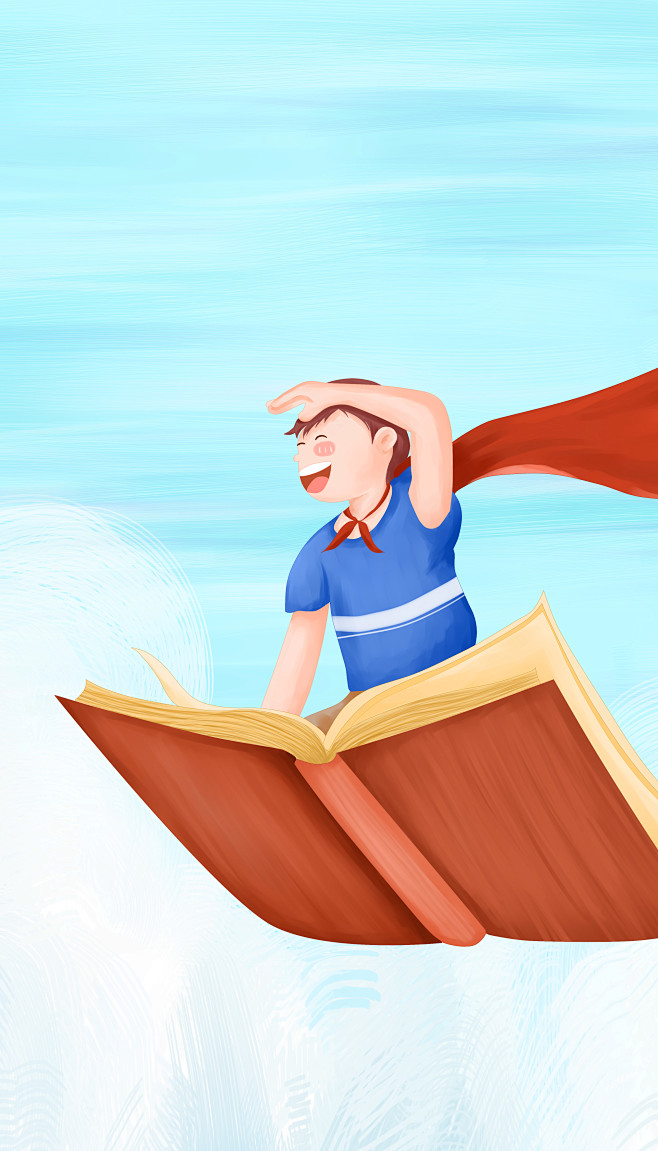 披着超人披风的男孩坐在飞着的书本上插画