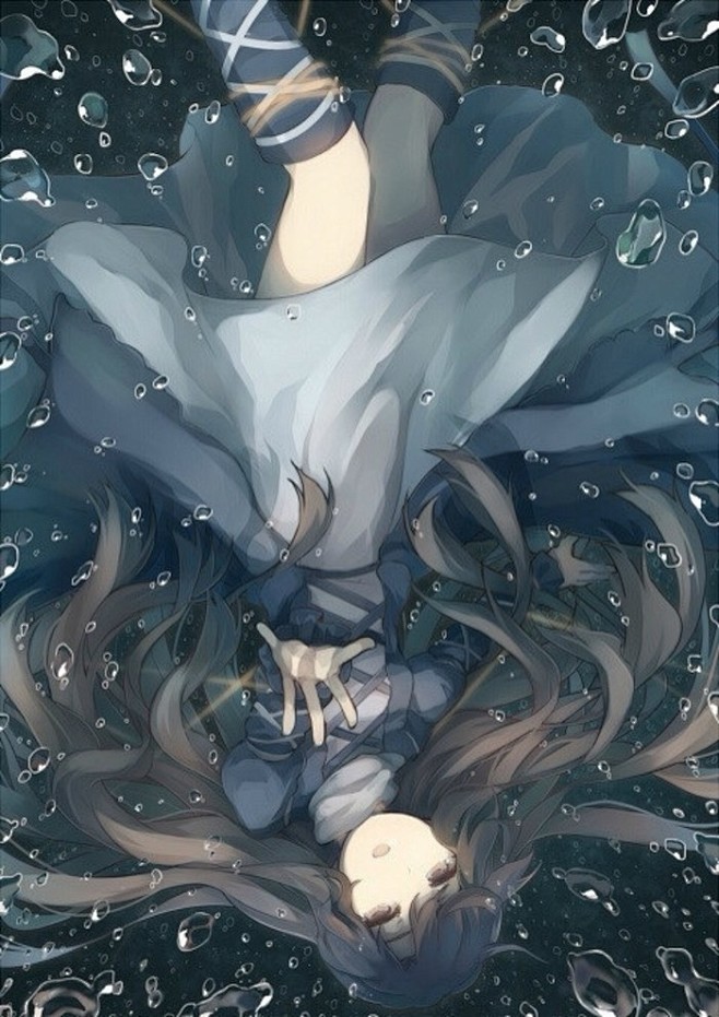 插画唯美坠落壁纸少女蓝手绘p站二次元动漫萌忧郁棕发