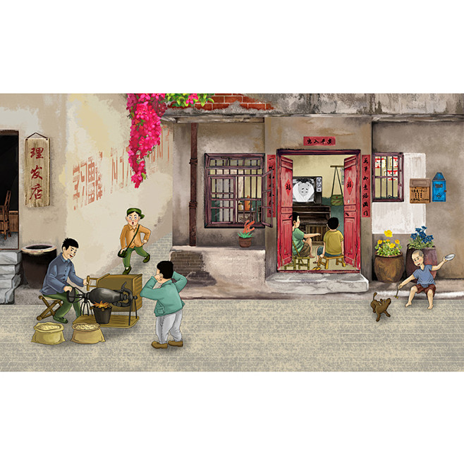 怀旧80后手绘游戏墙纸童年回忆马路边边麻辣烫火锅店串串香3d壁纸淘宝